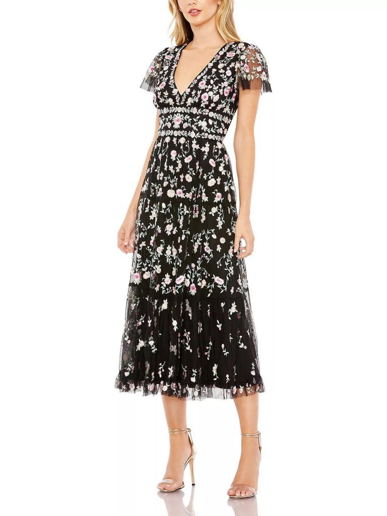 Mac Duggal Black Multicolor Embroidered V Neck Cap Sleeve Midi Dress 8 Nwot